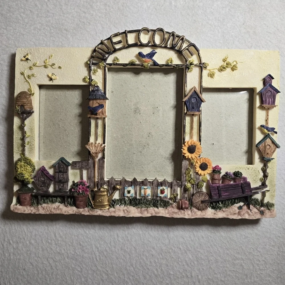 Vintage Cottagecore Resin Triple Photo Frame Garden Birdhouse Welcome 3D Cottage